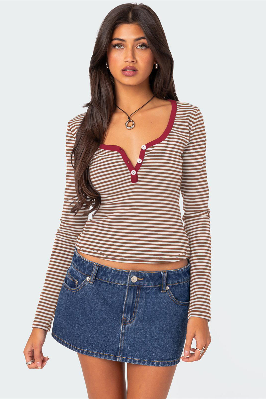 Casual V-Neck Long-Sleeve Striped Henley Top