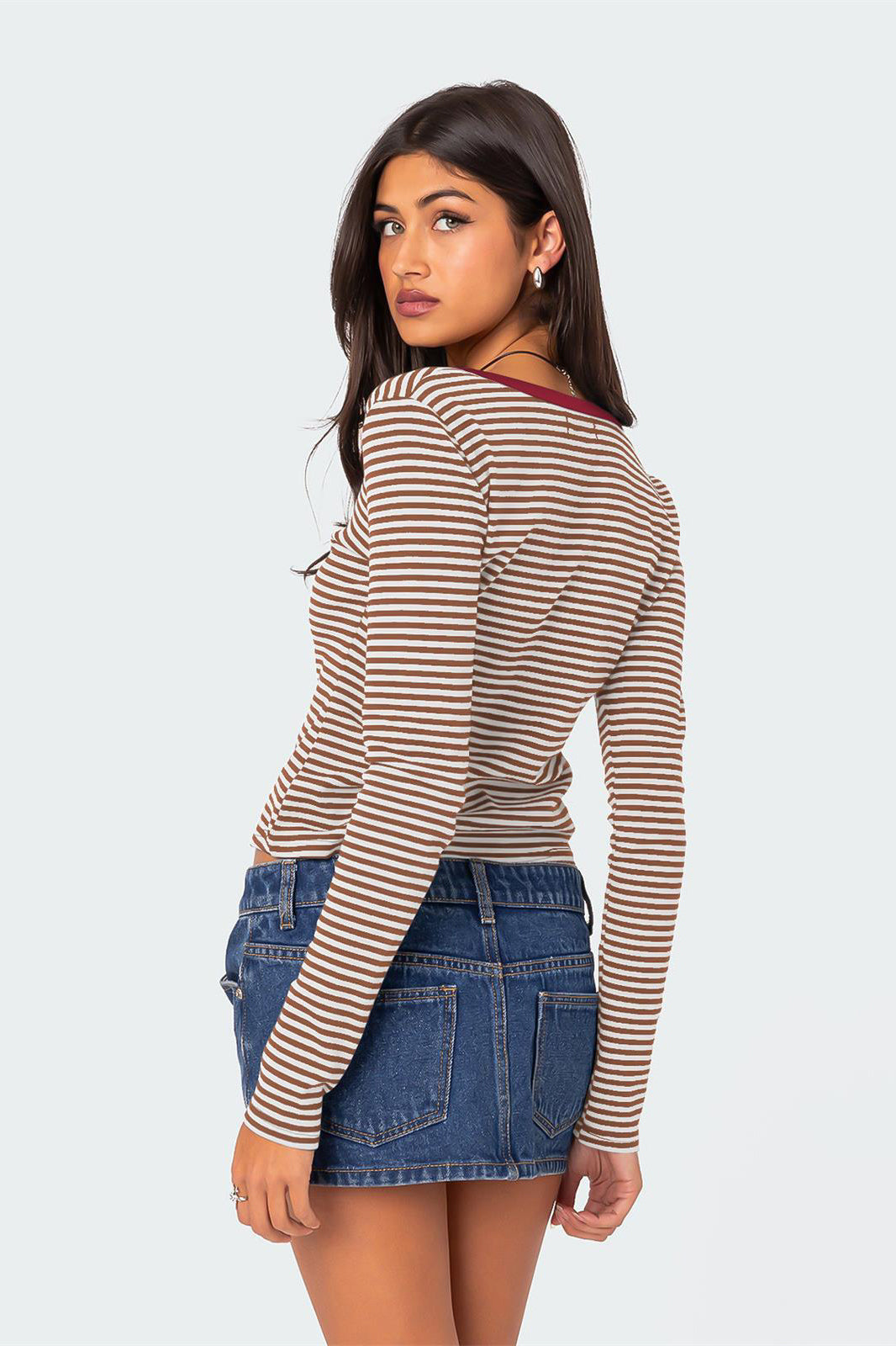 Casual V-Neck Long-Sleeve Striped Henley Top
