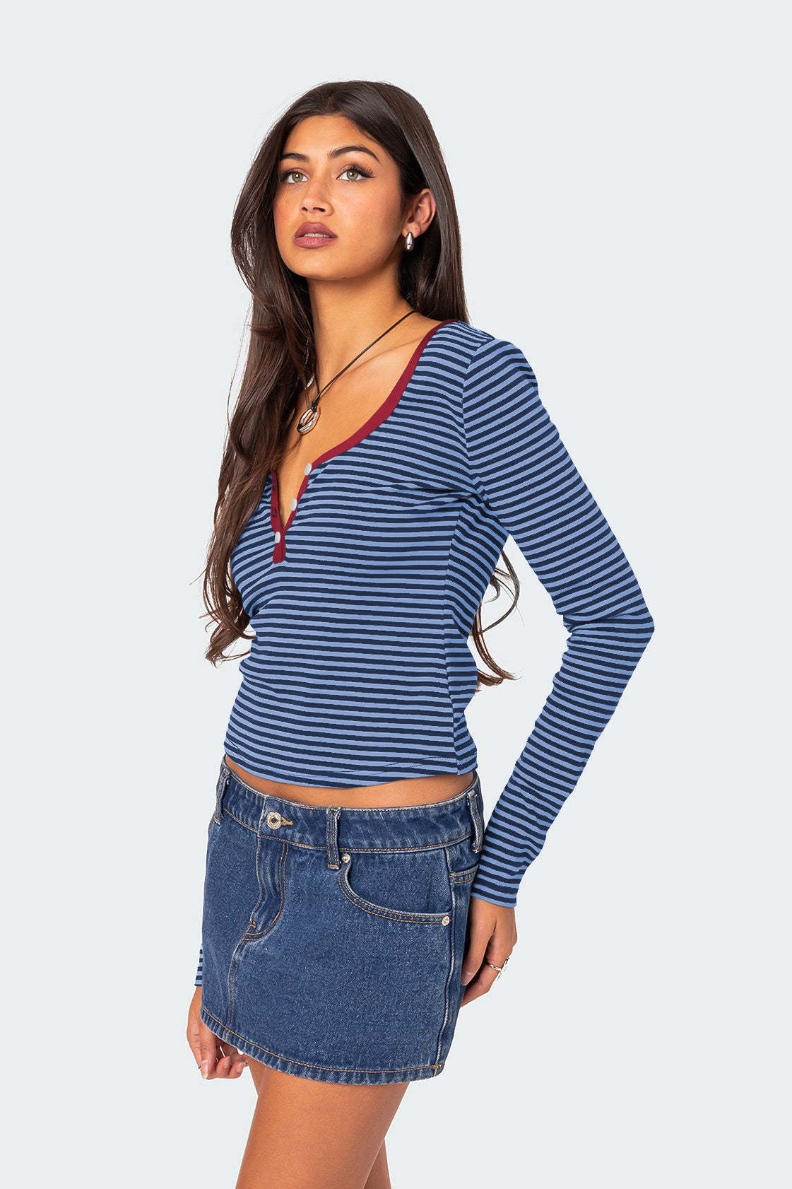 Casual V-Neck Long-Sleeve Striped Henley Top