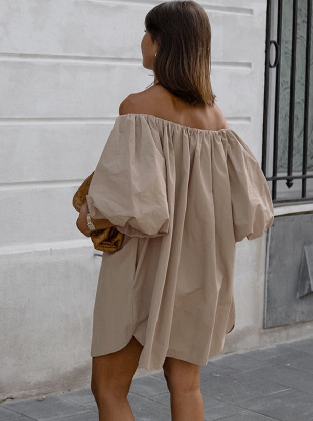 Elegant Khaki Off-Shoulder Balloon Sleeved Dress