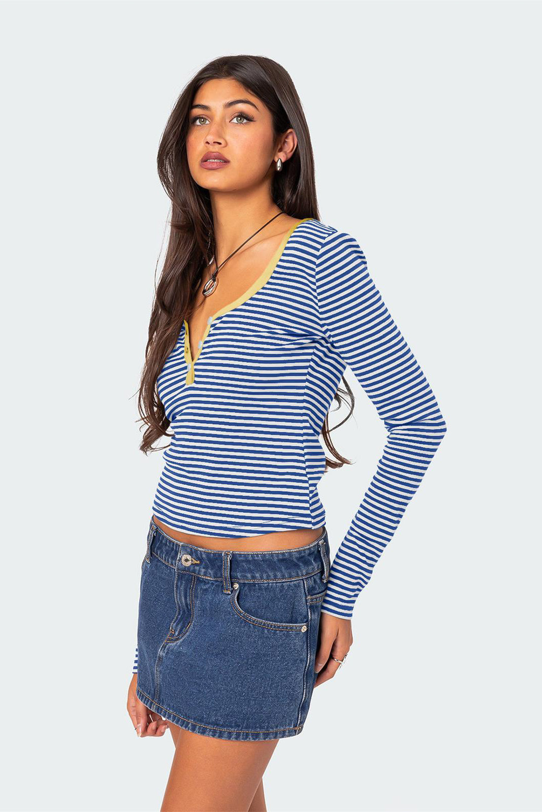 Casual V-Neck Long-Sleeve Striped Henley Top