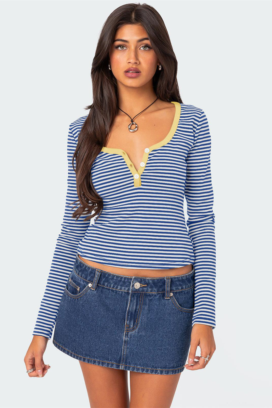 Casual V-Neck Long-Sleeve Striped Henley Top