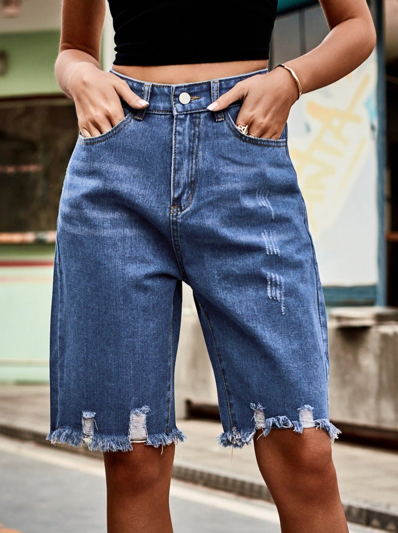 Buttoned High-Waisted Denim Bermuda Shorts