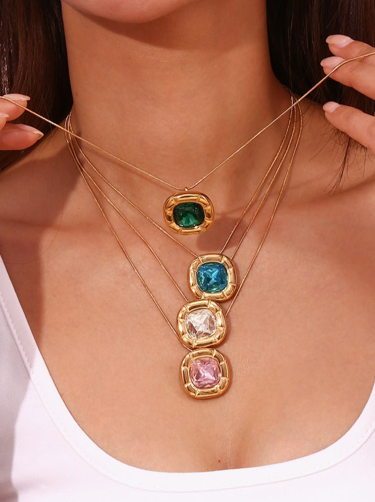 18K Gold Plated Rounded Square Flower Zircon Necklace