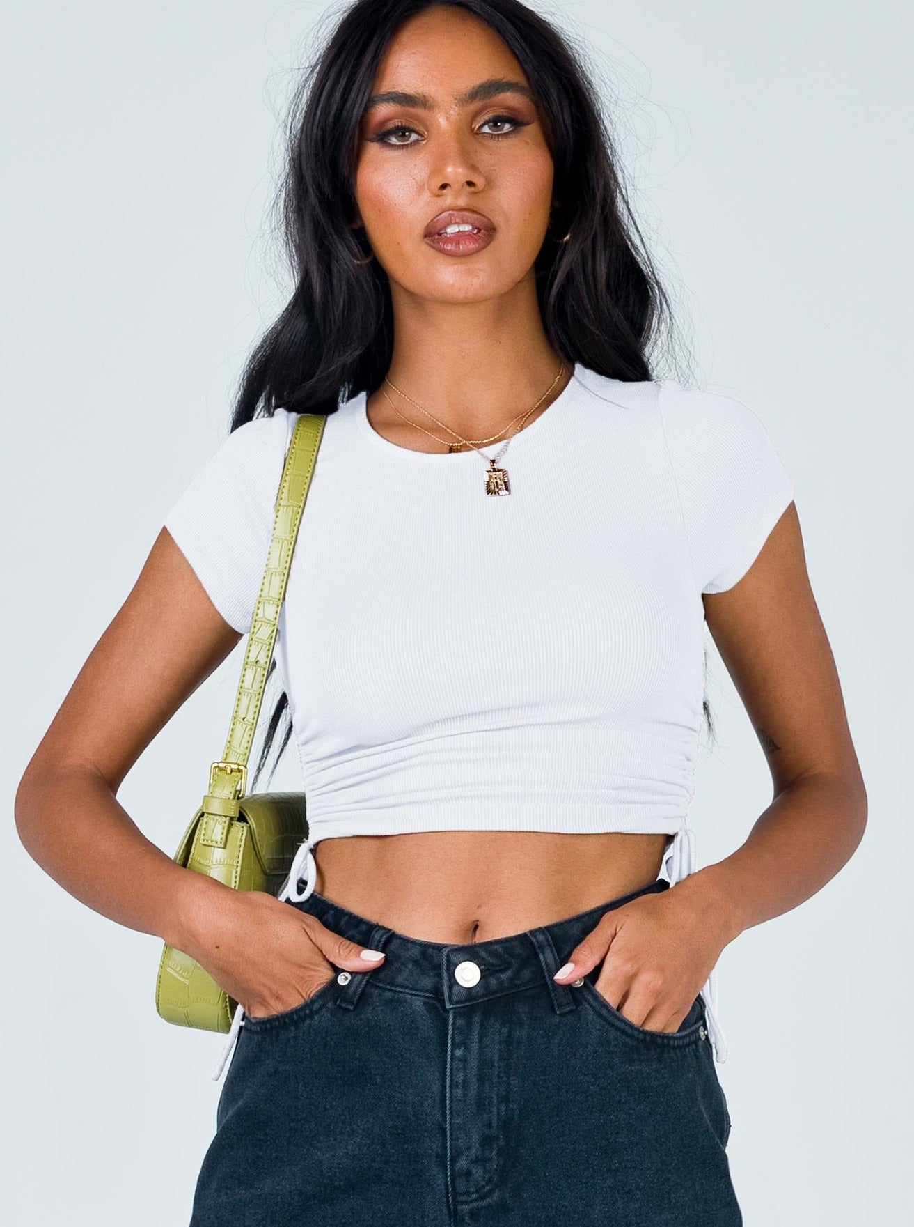 White Round Neck Side-Tie Fitted Crop Top