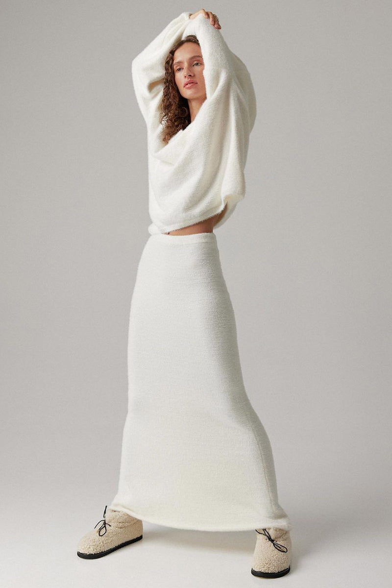 Women's Classic White Knit Sweater and Maxi Skirt Set