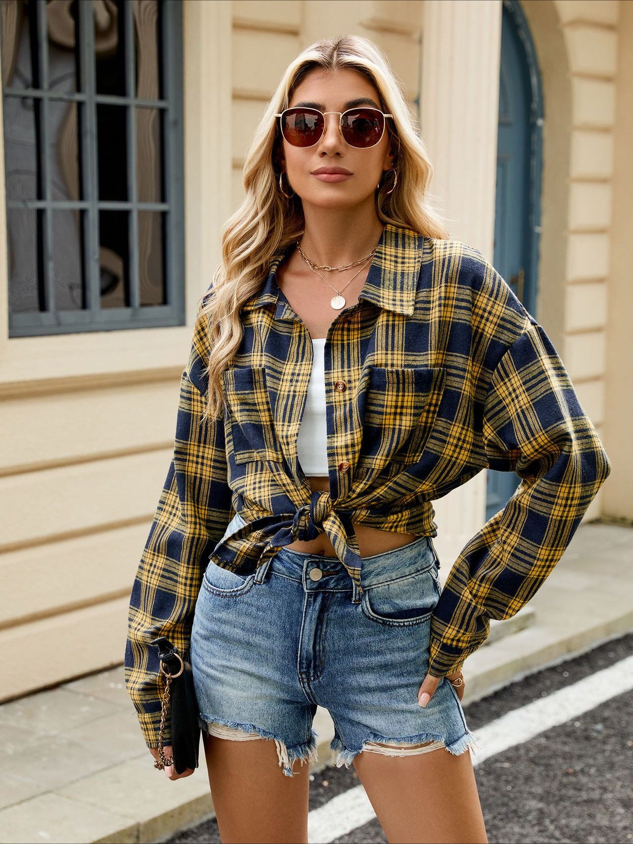 Long Sleeve Pocketed Oversized Plaid Shirt