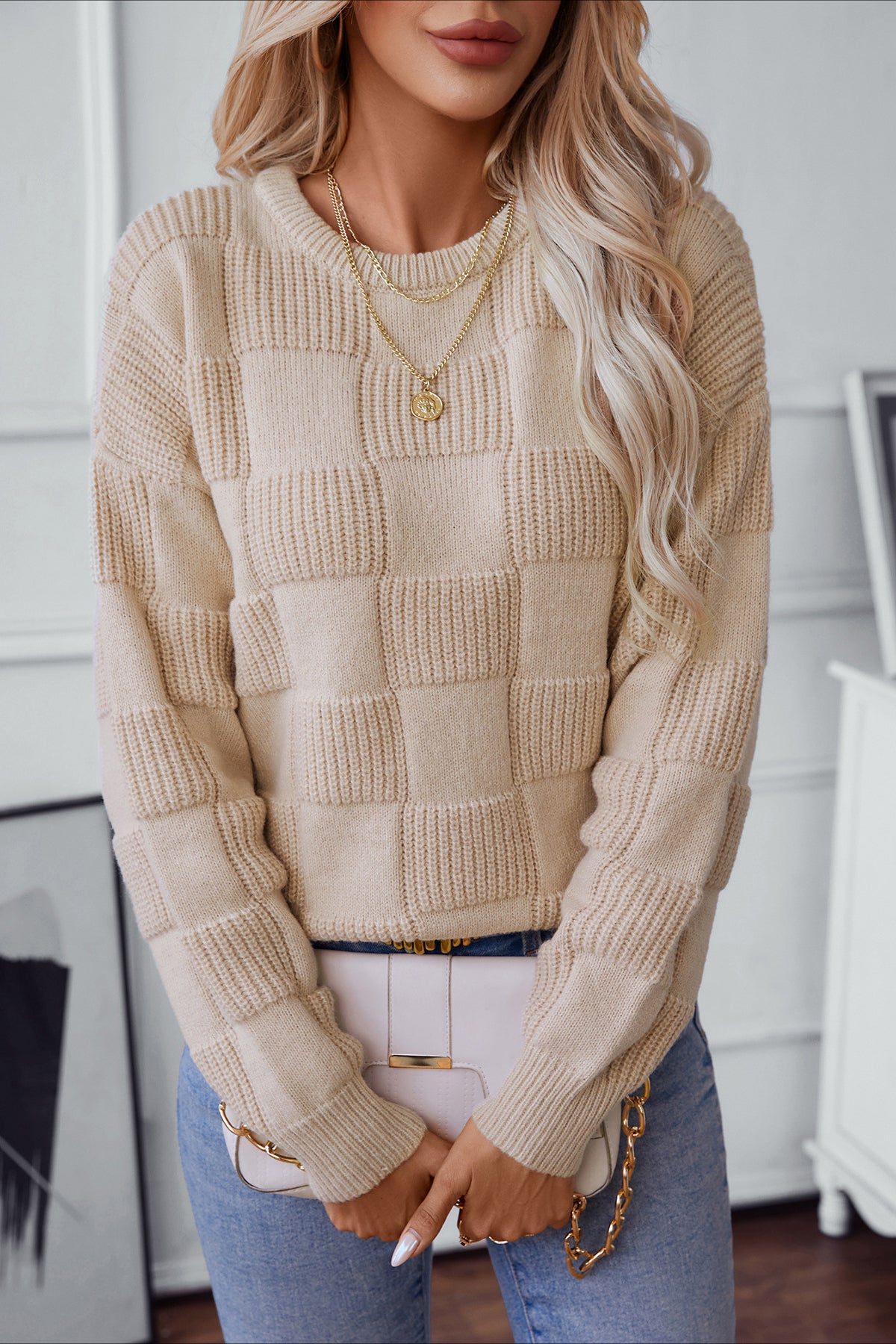 Loose Round Neck Plaid Knitted Pullover Sweater