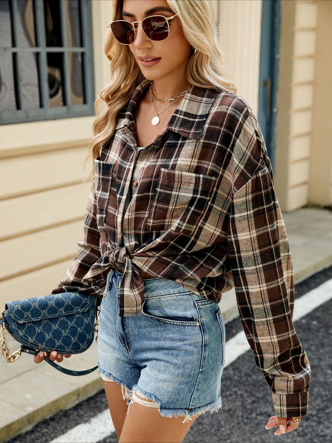 Long Sleeve Pocketed Oversized Plaid Shirt