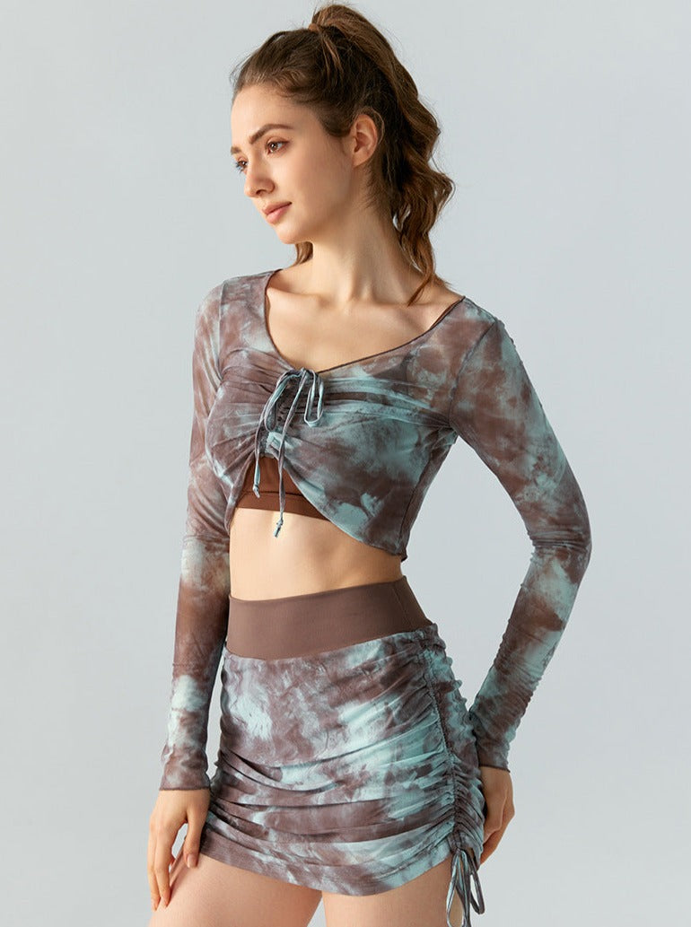 Tie Dye Lange Mouw Mesh Slim Crop Top 