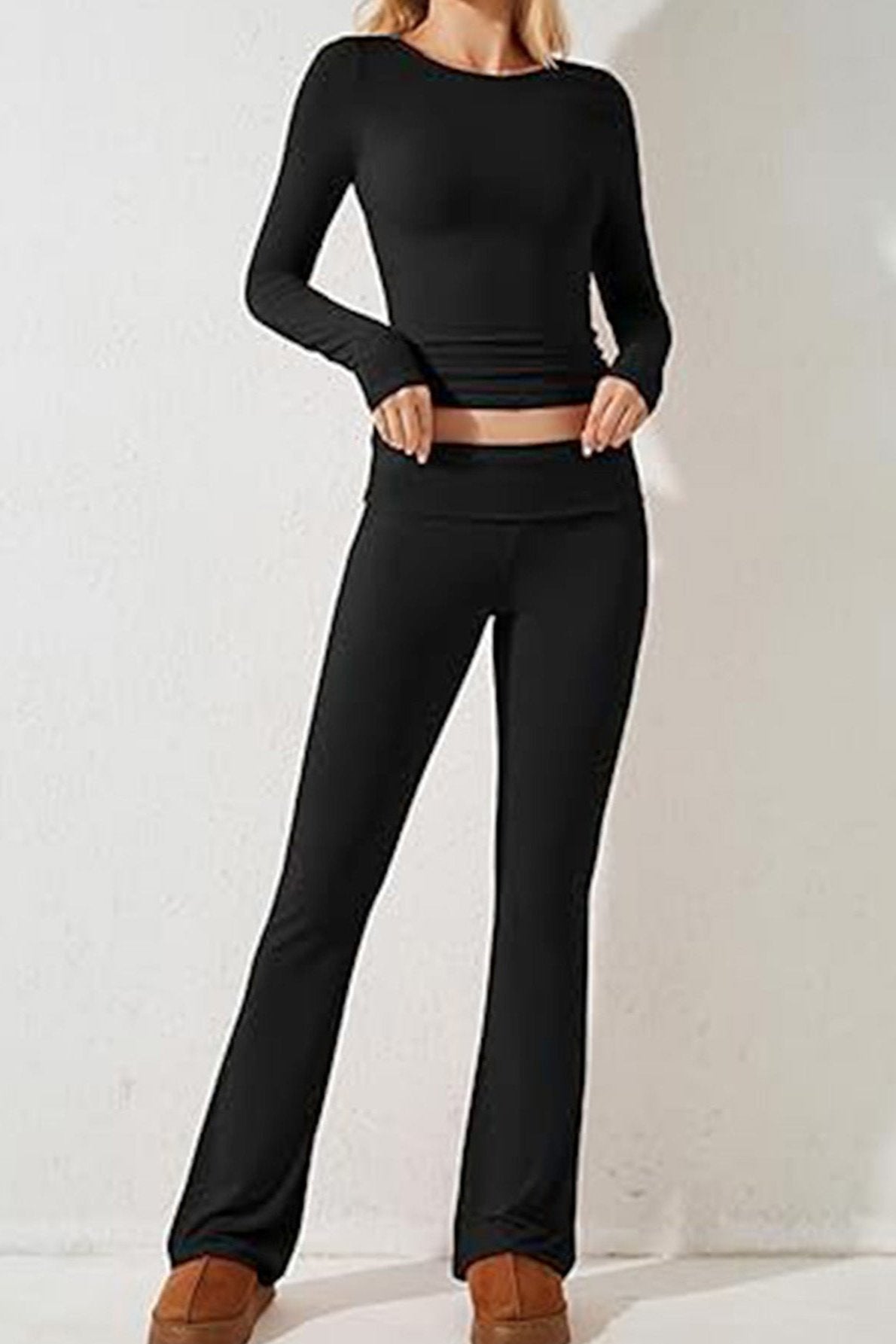 Two Piece Black Long Sleeve Crop Top Flare Pants Set