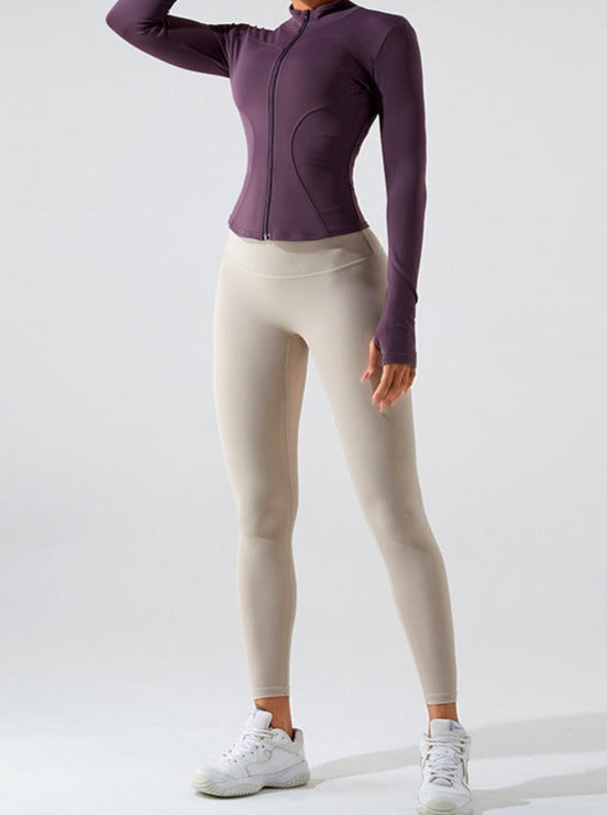 Violette rits lange mouwen snel drogende fitness sport top 