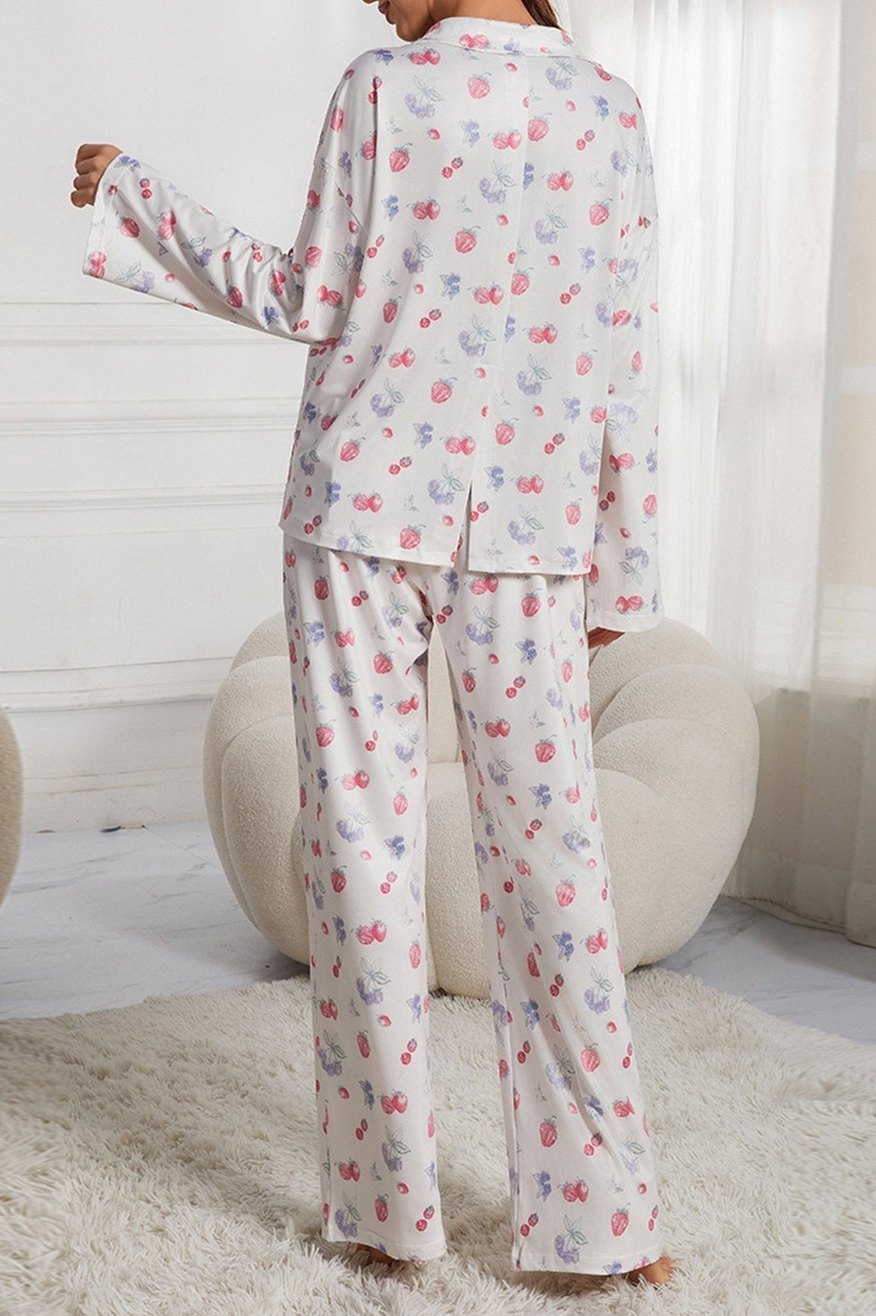 Fruitprint Wit Lange Mouw Shirt Wijde Pijp Pyjama Set 