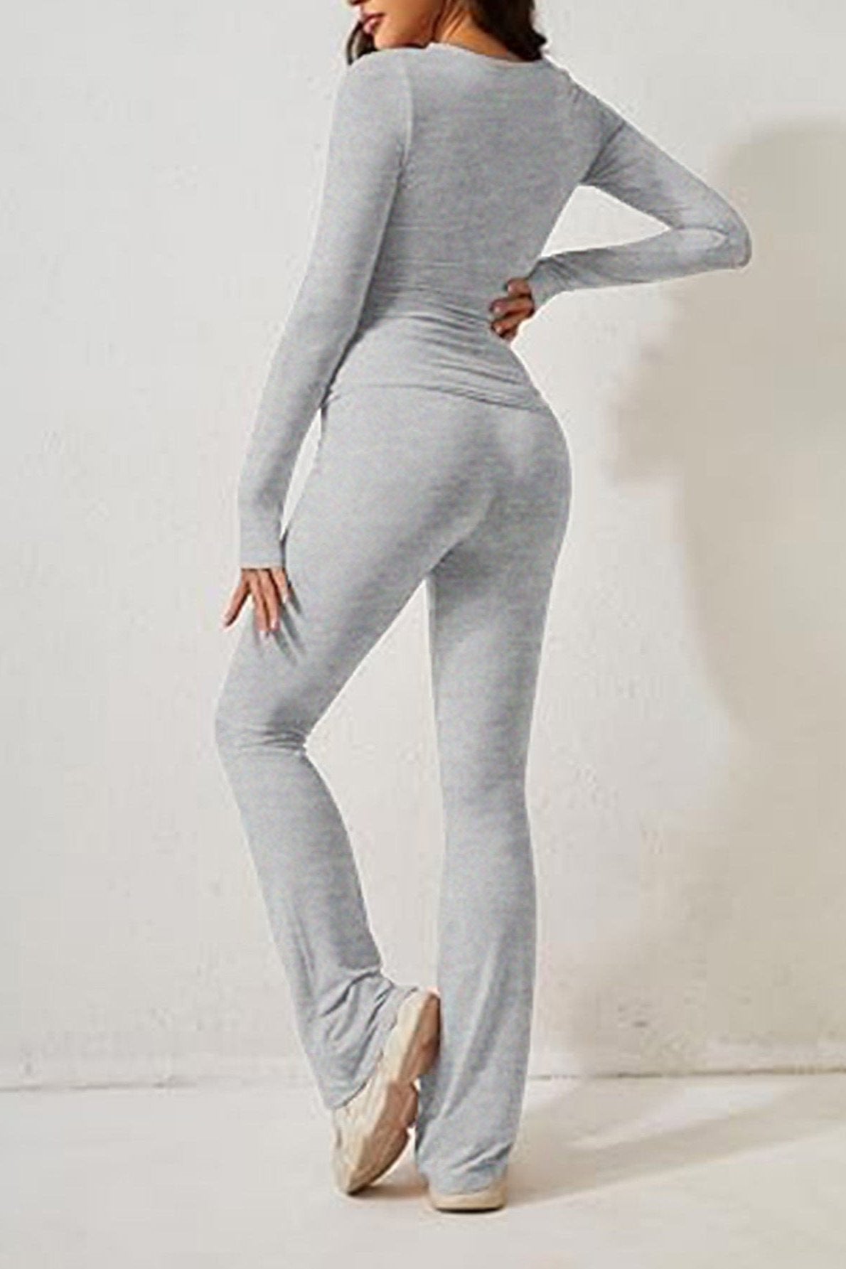 Two Piece Grey Long Sleeve Crop Top Flare Pants Set