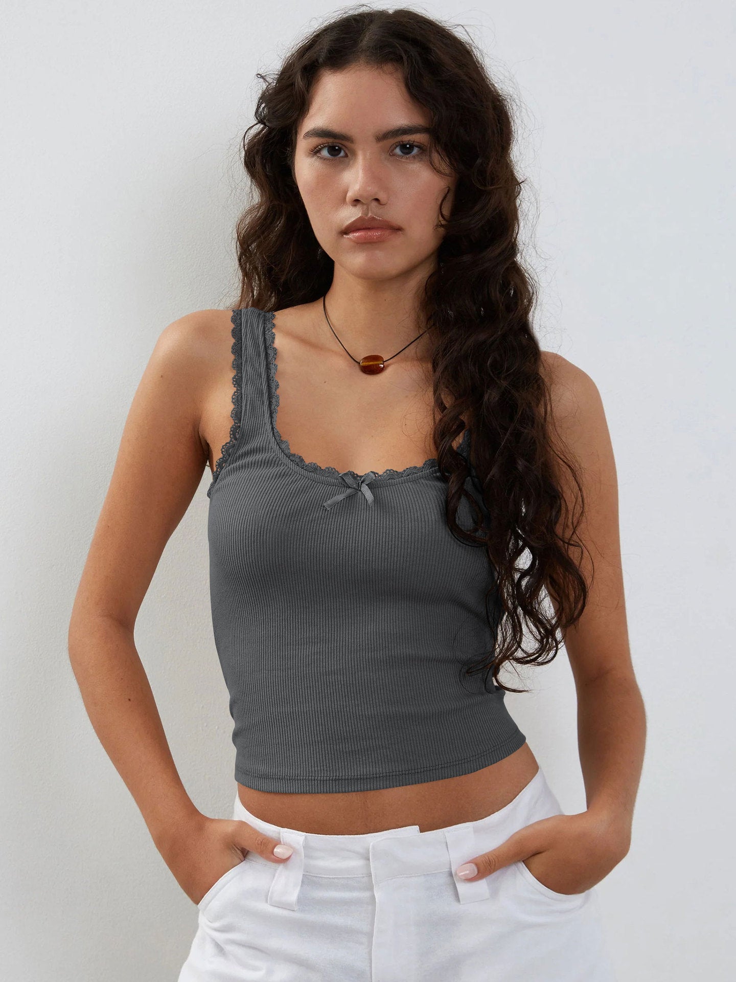 Donkergrijze Tanktop met Kanten Mouwloos Crop Topje 