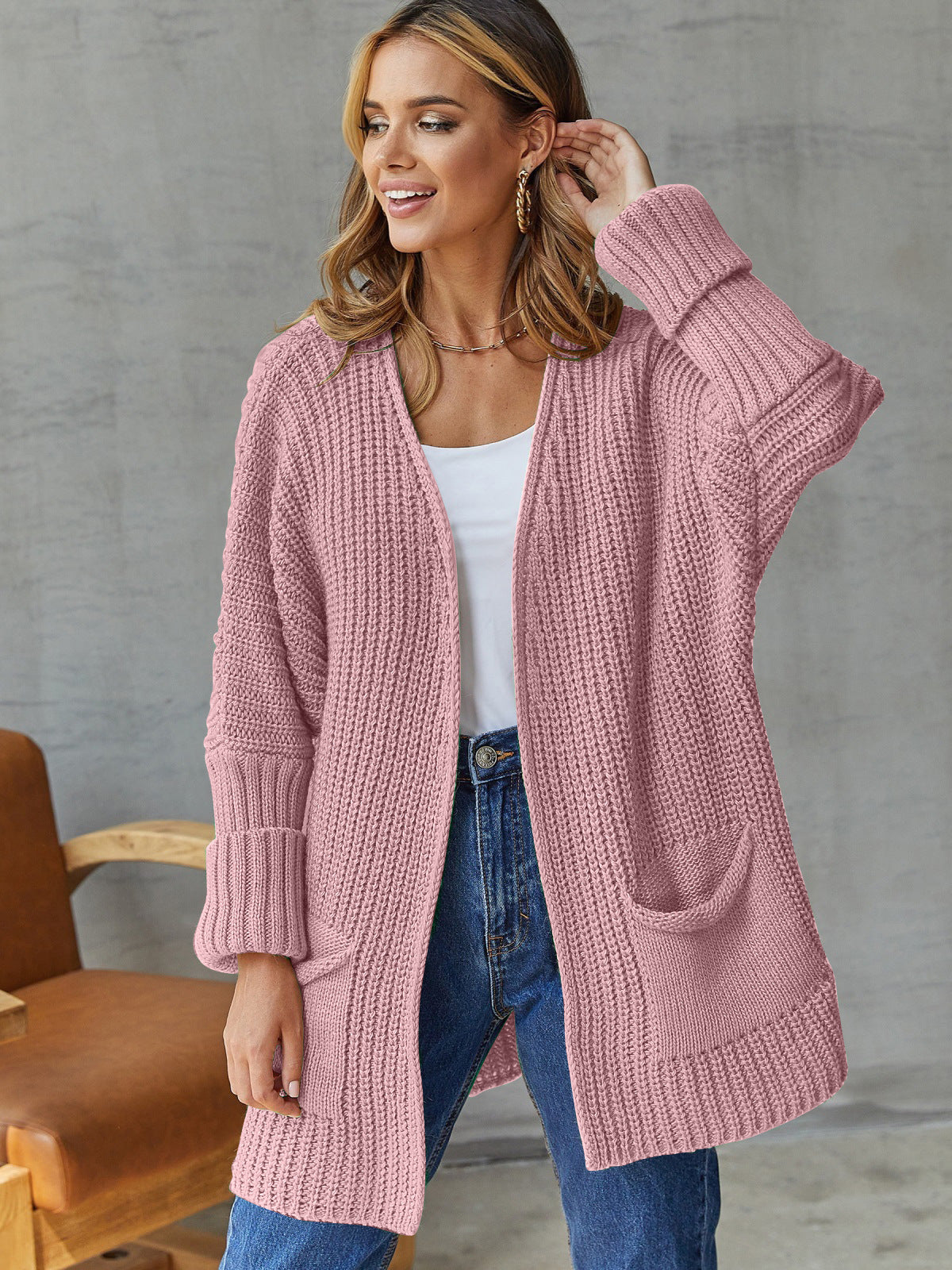 Damen-Strickjacke in Übergröße - Offene Strickjacke mit Taschen und langen Ärmeln