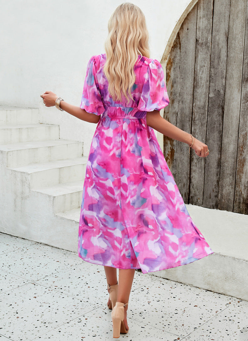 Casual Pink V-Neck Printed High Waist Long Dress