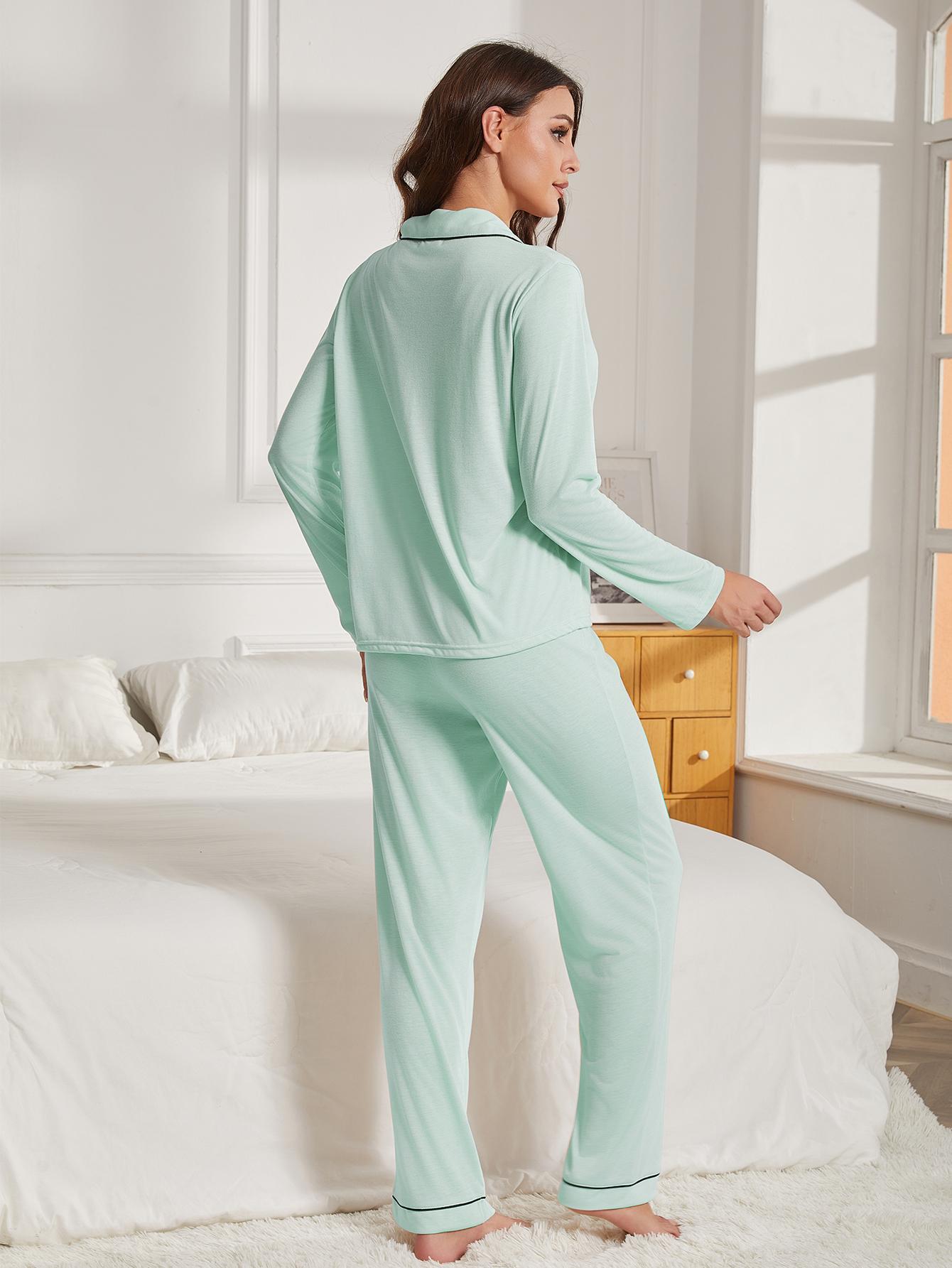 Lichtgroene casual zachte pyjamaset met kraag 