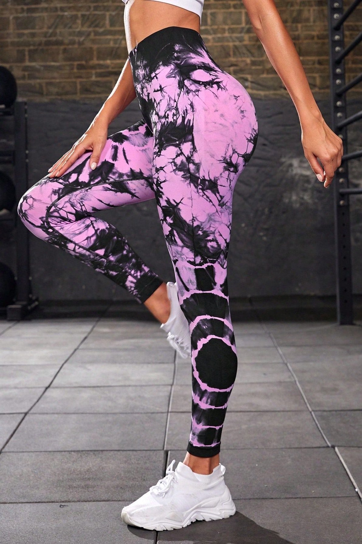 Paarse naadloze tie-dye yogabroek met hoge taille 