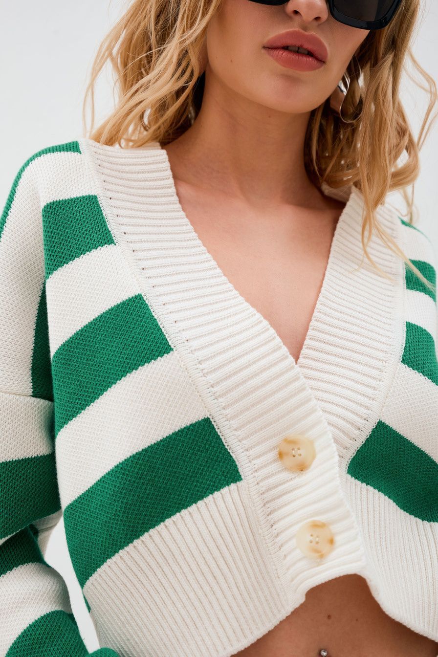 Green Deep V-Neck Striped Knitted Sweater