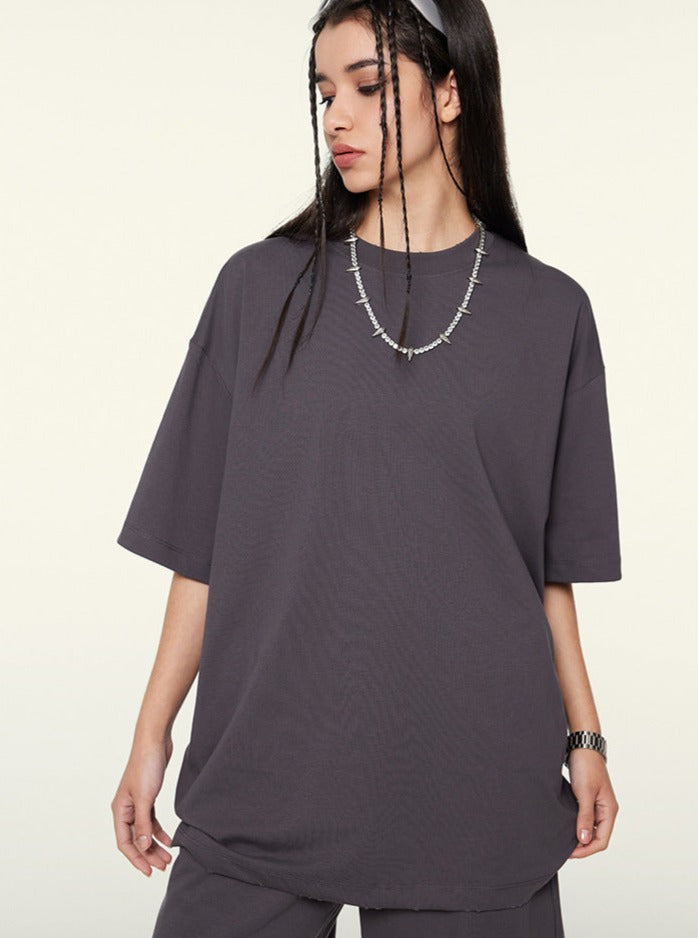 Solid Color Frayed Half-Sleeved Trendy Tops