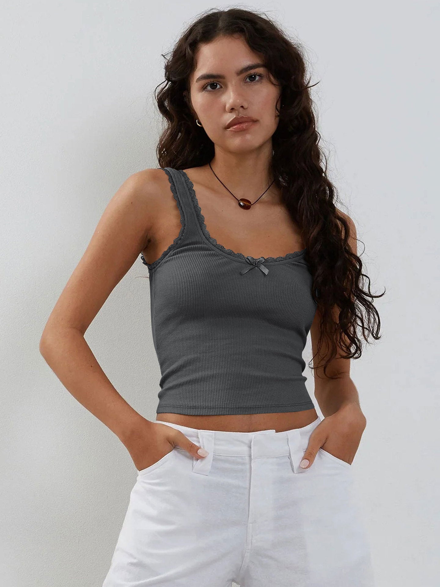 Donkergrijze Tanktop met Kanten Mouwloos Crop Topje 