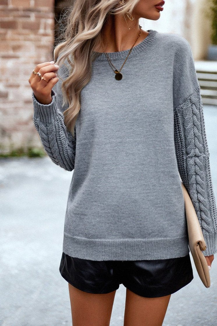 Grey Round Neck Long Sleeve Sweater