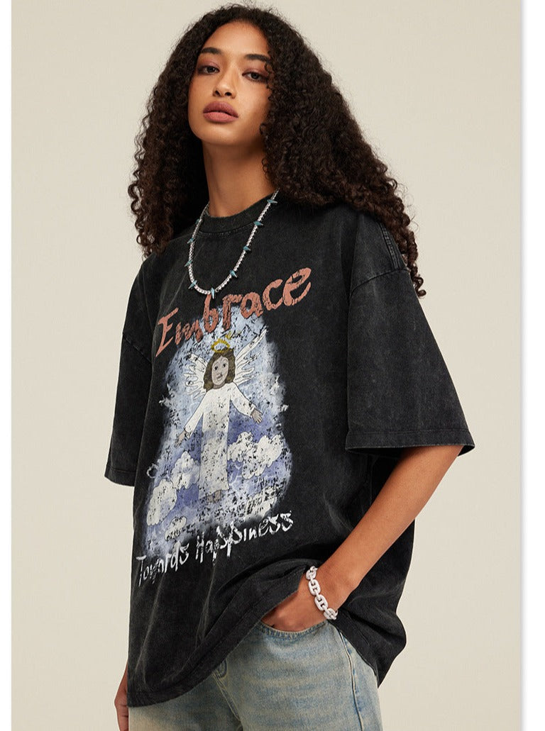 Lente Zwart Basic Engel Bedrukt Oversized Shirt 