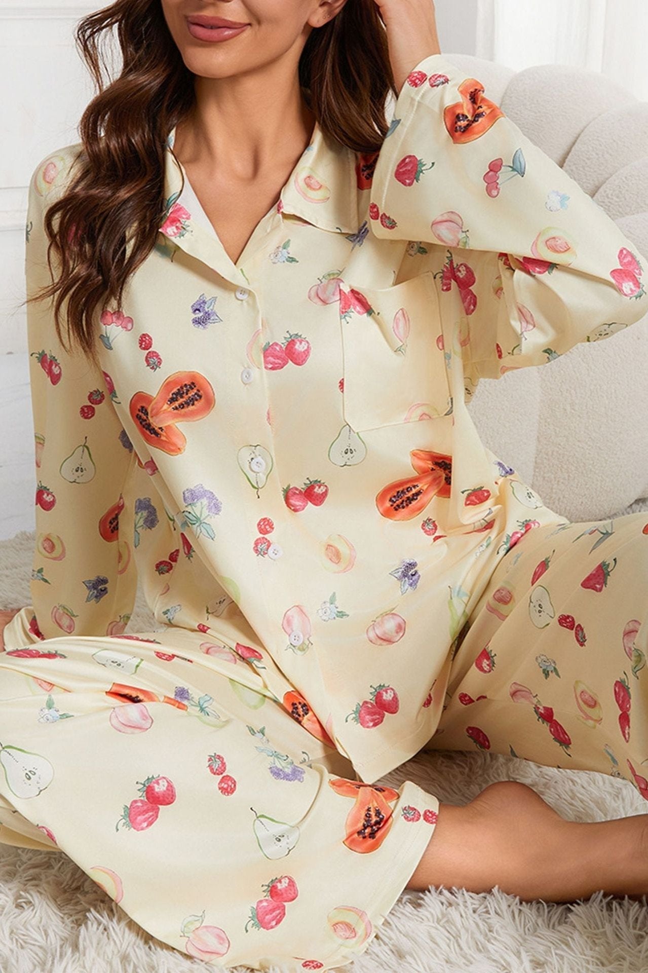 ﻿Fruitprint Geel Lange Mouw Shirt Wijde Pijp Pyjama Set 