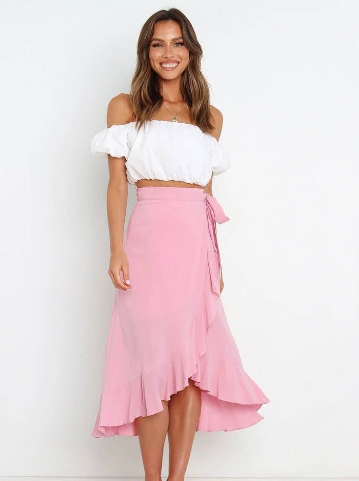 Roze asymmetrische sexy lange rok 