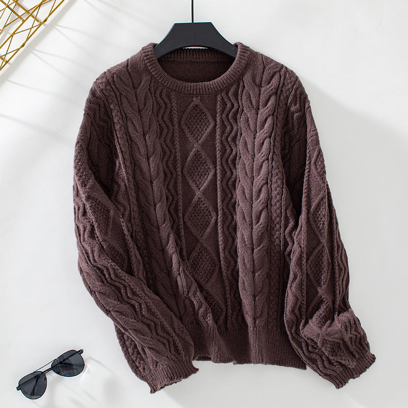 Solid Retro Loose Knitted Long Sleeve Sweater