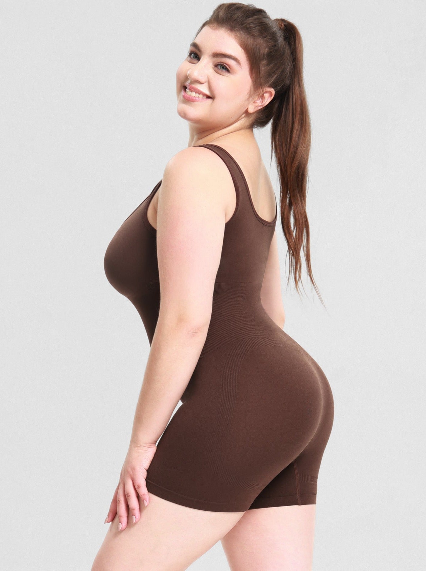 Brown Plus Size Tummy Control Romper Bodysuit