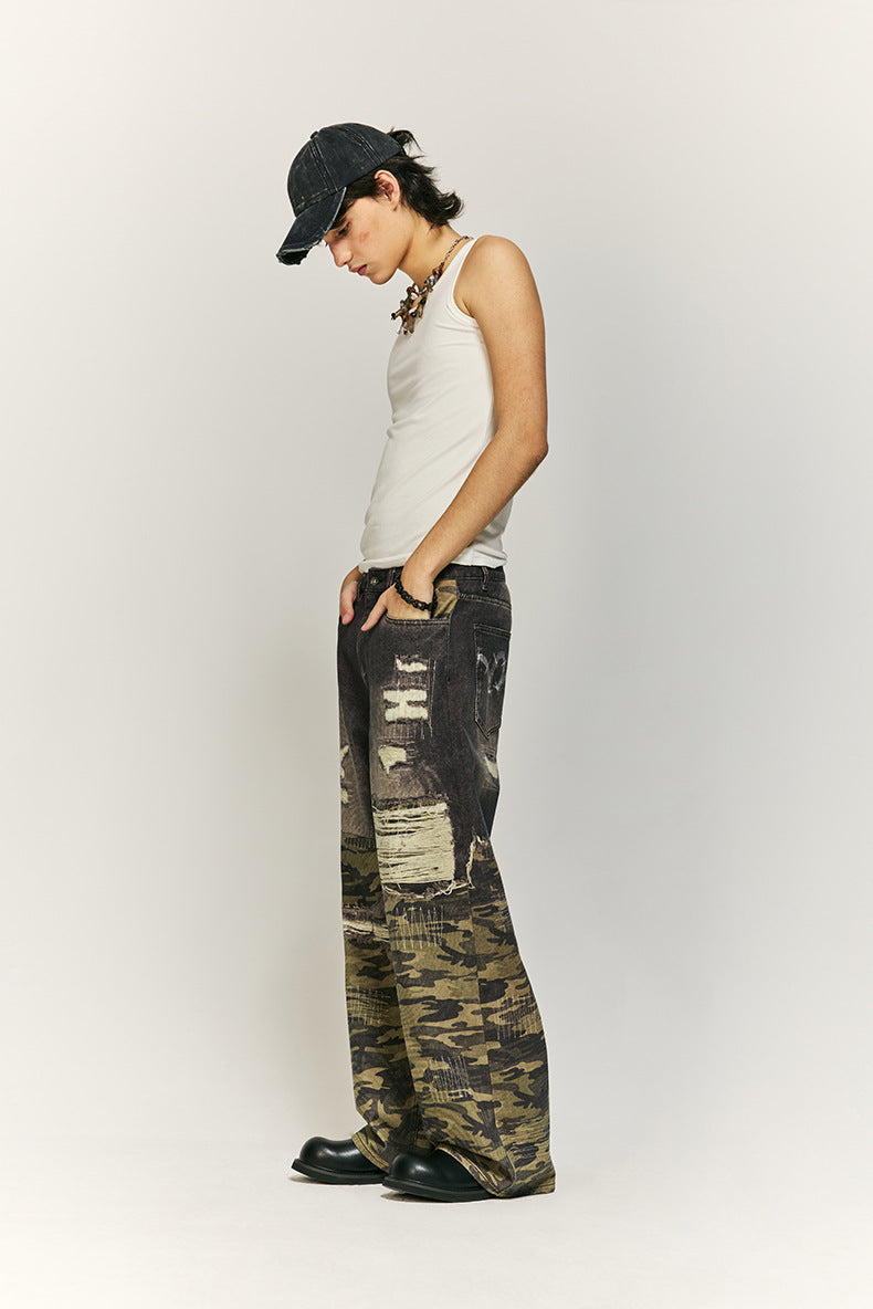 Urban Camo en Distressed Denim Wijde Broek