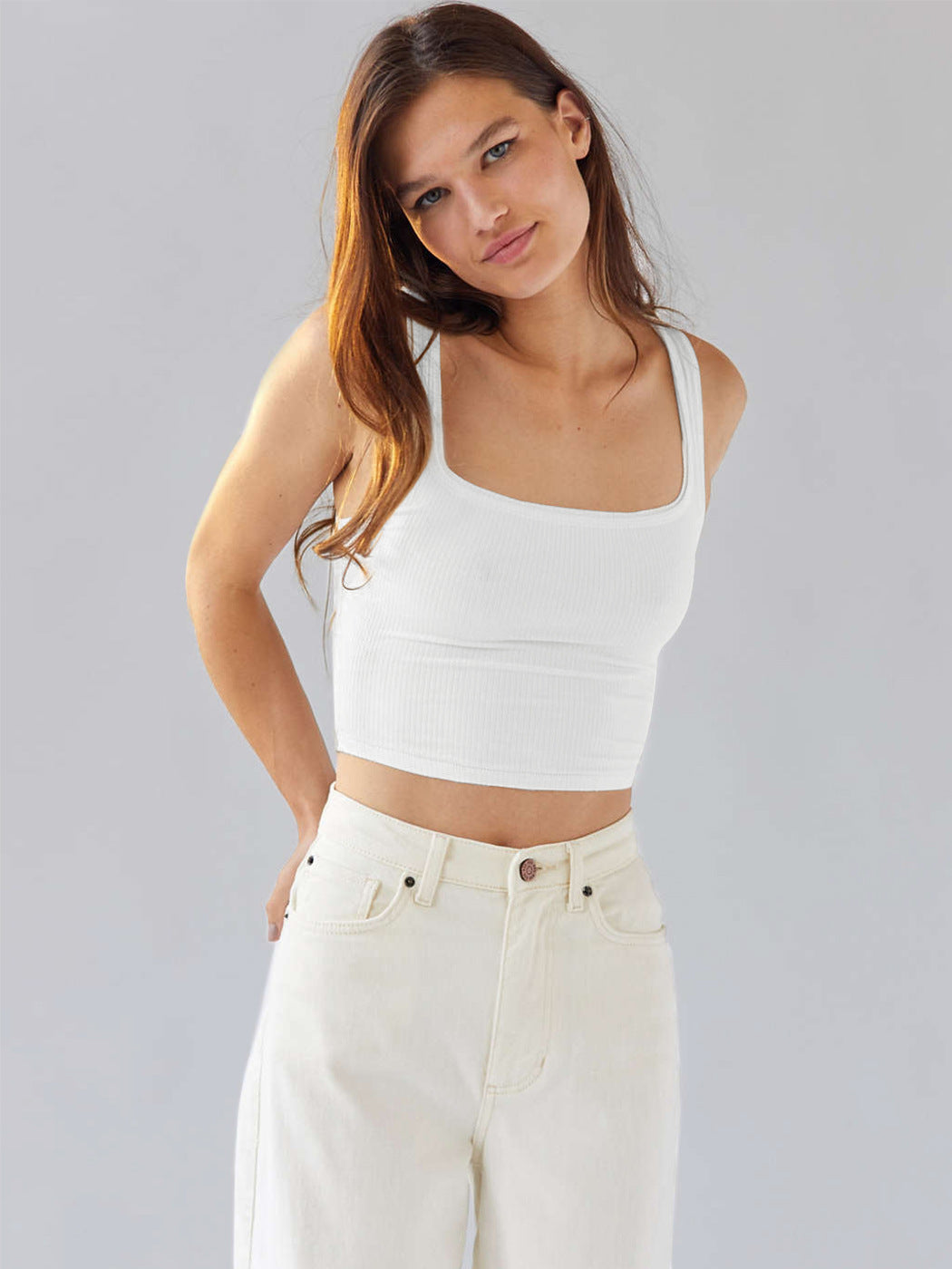 Witte vierkante hals mouwloze tanktop 