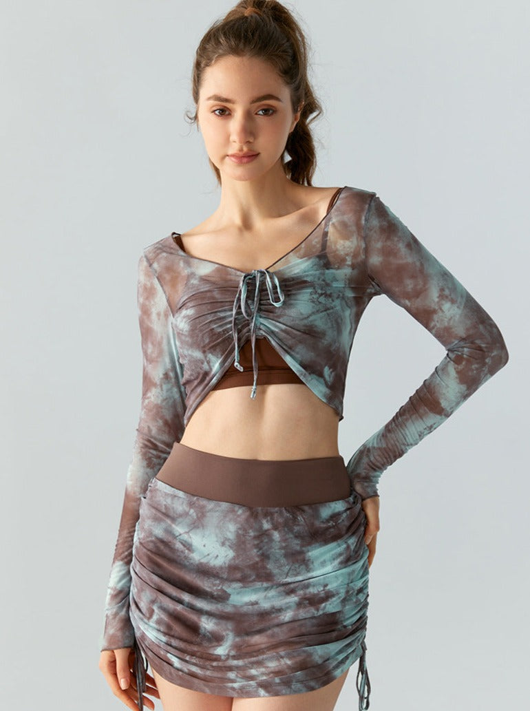 Tie Dye Lange Mouw Mesh Slim Crop Top 