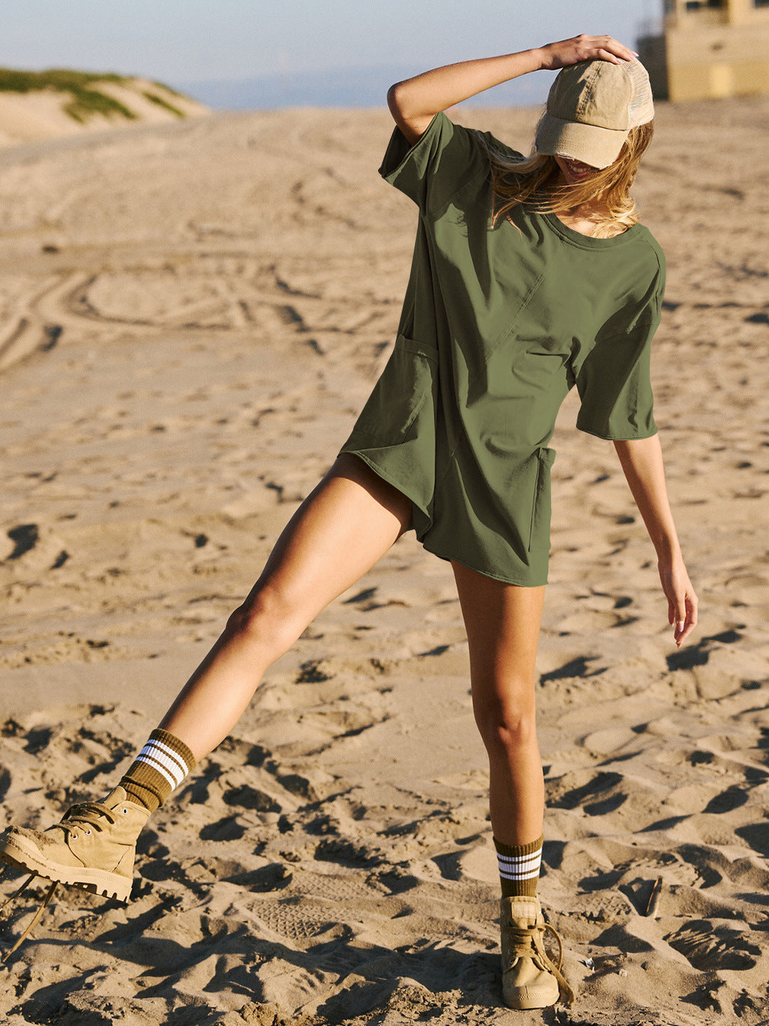 Army Green Rompers met korte mouwen en zakken en zonder rug 