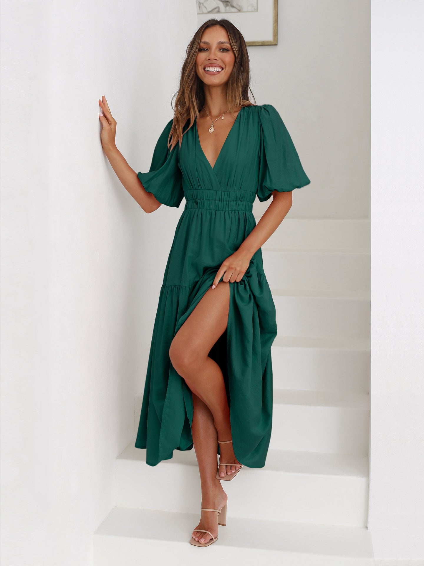 Dark Green Deep V-Neck Puff Sleeve Layered Dress