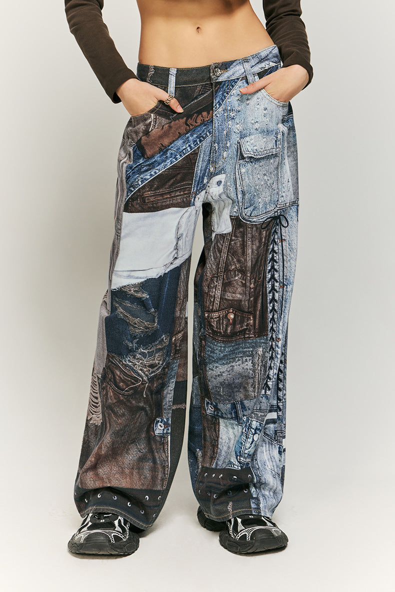 Cargo-stijl patchwork wijde broek