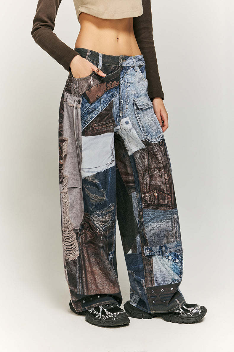 Cargo-stijl patchwork wijde broek