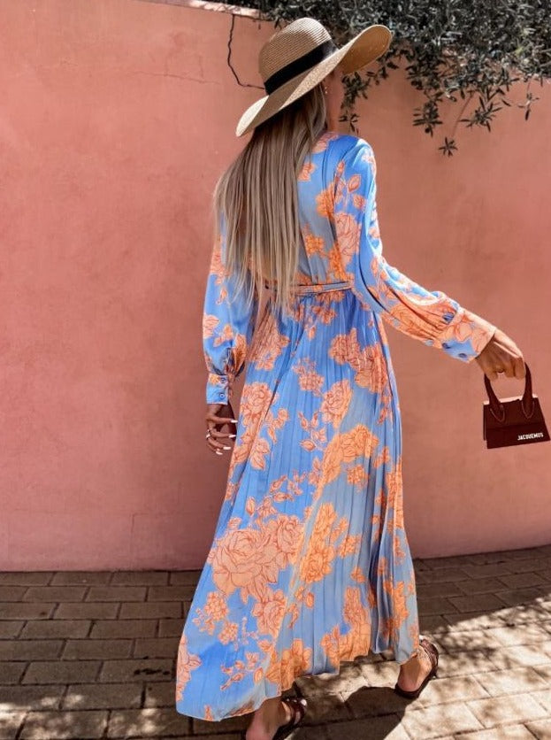 Floral Printed Tie Waist Long Sleeve Maxi Dress