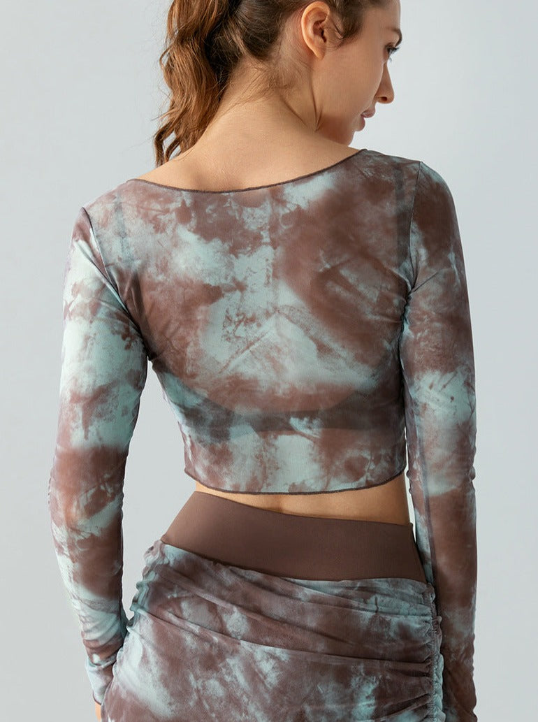 Tie Dye Lange Mouw Mesh Slim Crop Top 