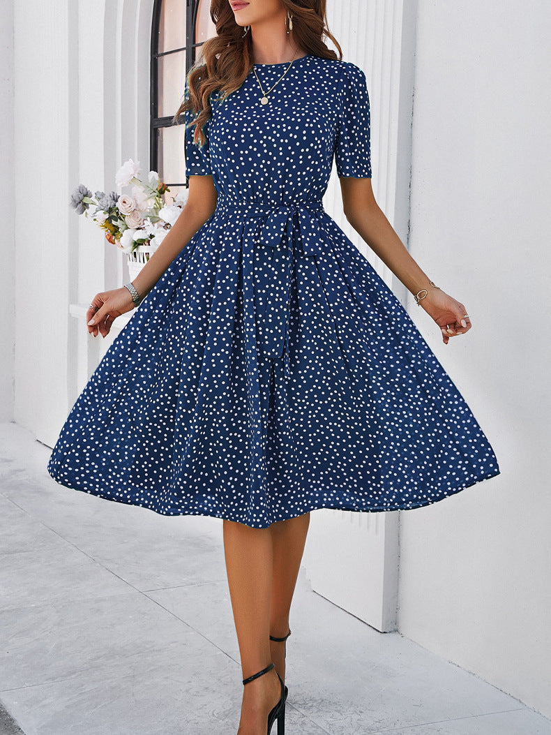 Polka Dot Chiffon Klassieke Blauwe Korte Mouw Midi Jurk 