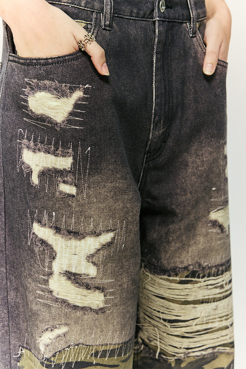 Urban Camo en Distressed Denim Wijde Broek