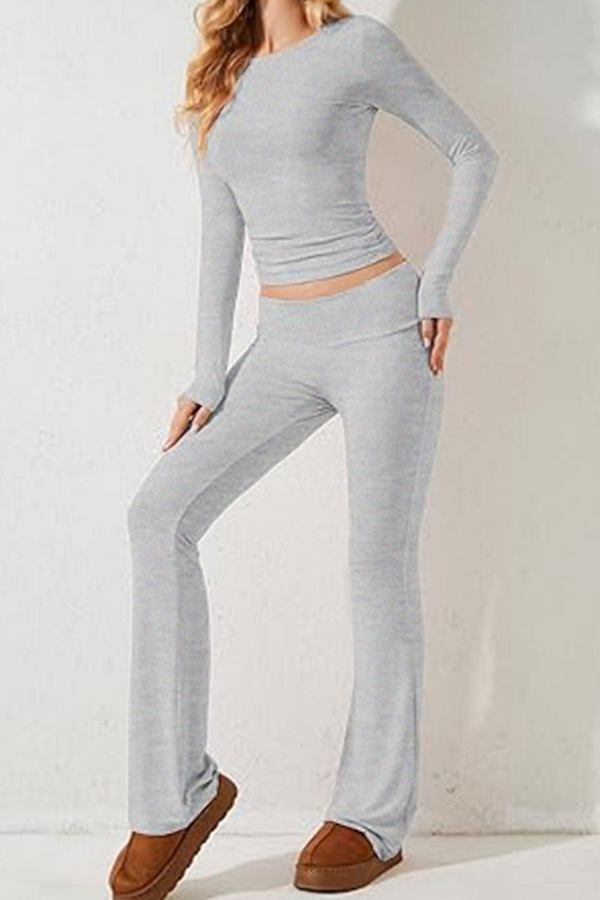 Two Piece Grey Long Sleeve Crop Top Flare Pants Set