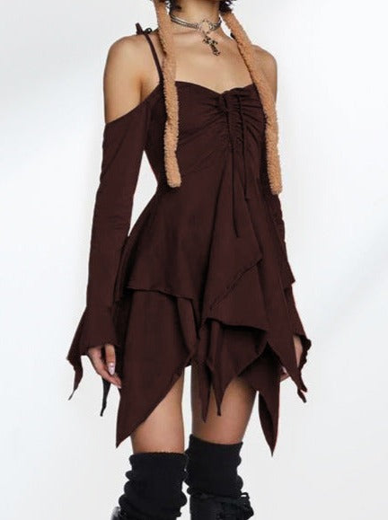 Off Shoulder Long Sleeve Irregular High Waist Ruffled Mini Dress