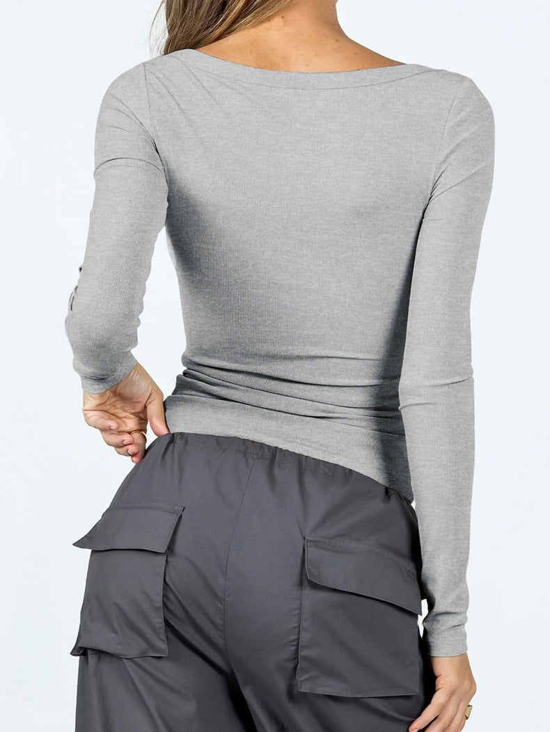 Gray Scoop Neck Y2K Long Sleeve Shirt