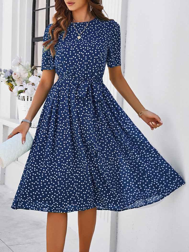 Polka Dot Chiffon Klassieke Blauwe Korte Mouw Midi Jurk 