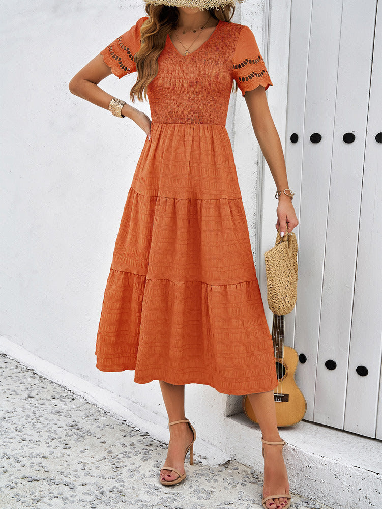 Oranje dames kanten casual mesh midi-jurk 