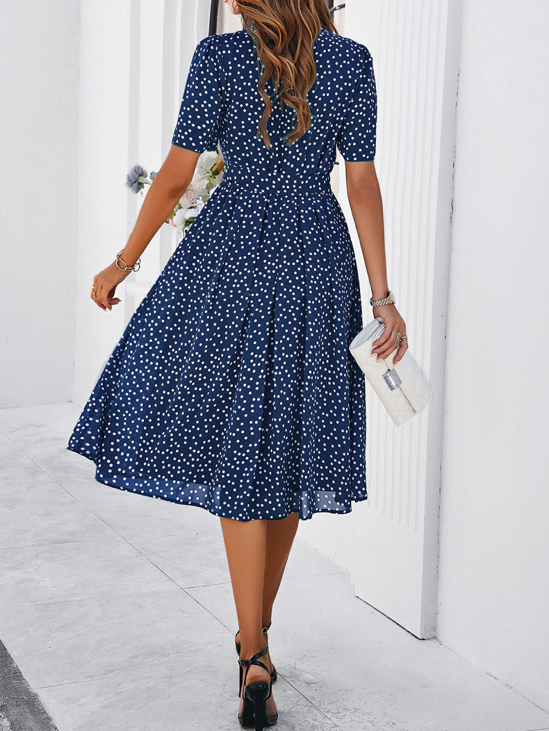 Polka Dot Chiffon Klassieke Blauwe Korte Mouw Midi Jurk 