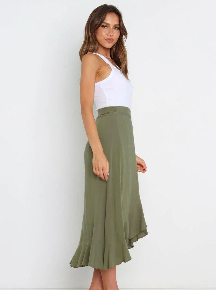 Asymmetrische sexy grasgroene lange rok 